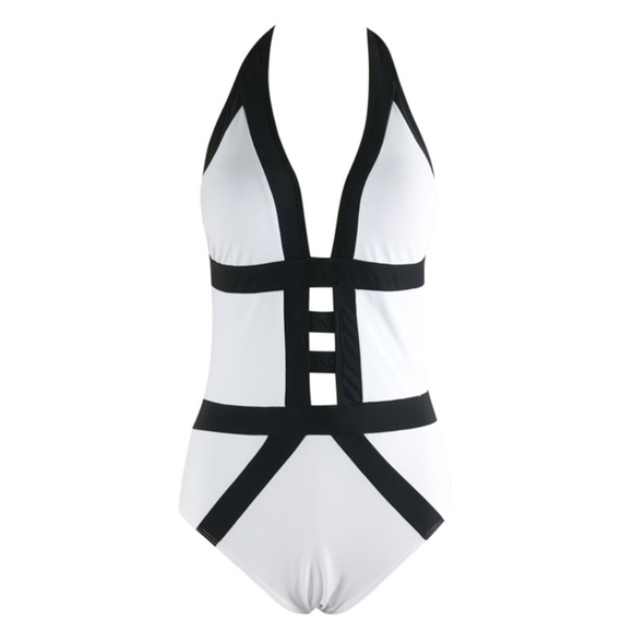 Sexy Strappy Color Block One Piece Swimsuit White - Picture 3 of 8